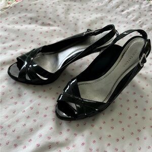 Ann Taylor Black Patent Leather Slingback Heels Made in Brazil (Size: 6 1/2 M)